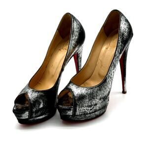 CHRISTIAN LOUBOUTIN Metallizzato Palais Royal 140 Platform Peep Toe 37 Silver
